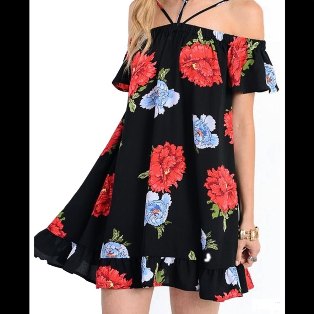 Jodifl floral flower black off the shoulder dress strappy